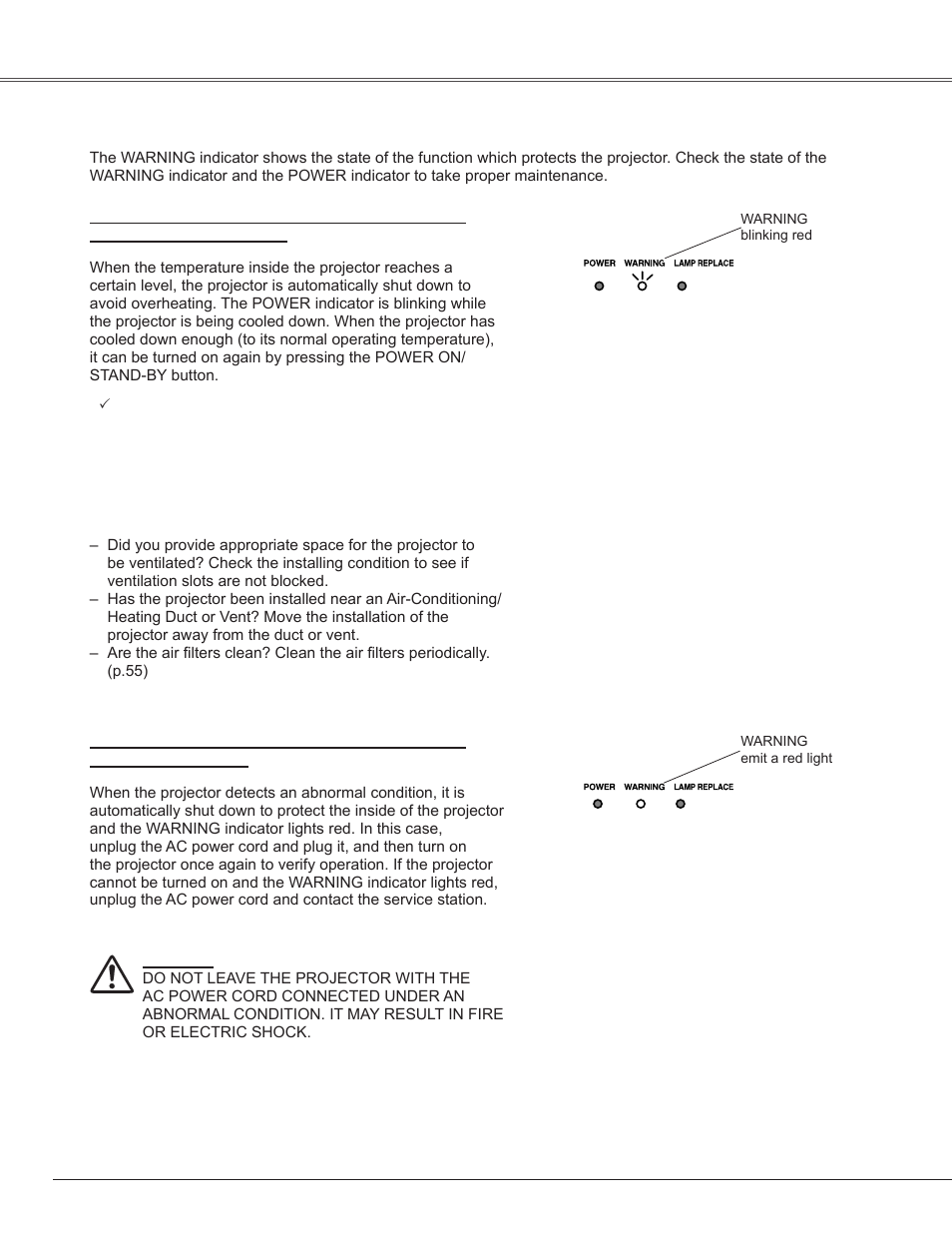 Maintenance and cleaning, Warning indicator, Maintenance and cleanin | Warnin� indicator | Sanyo PLC-WXE45 User Manual | Page 54 / 71
