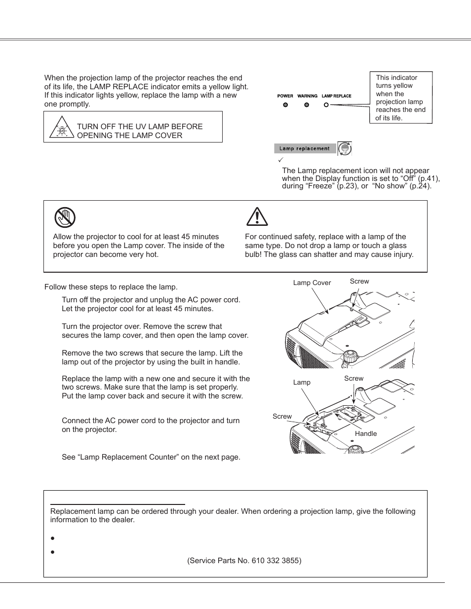 Lamp replacement, Caution, Maintenance and cleanin | Sanyo PLC-WXE45 User Manual | Page 57 / 71