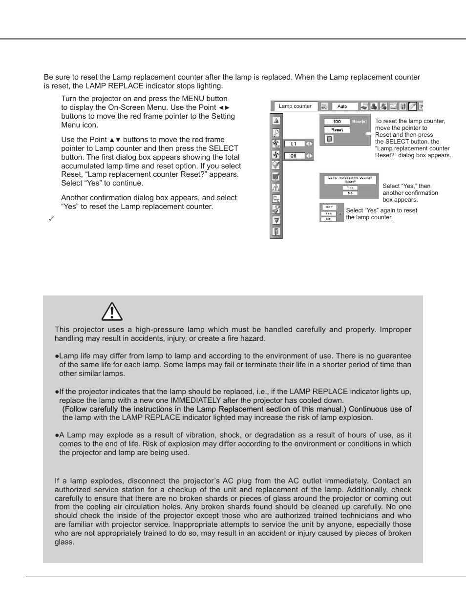 Lamp replacement counter, Lamp handling precautions, Maintenance and cleanin | Sanyo PLC-WXE45 User Manual | Page 58 / 71