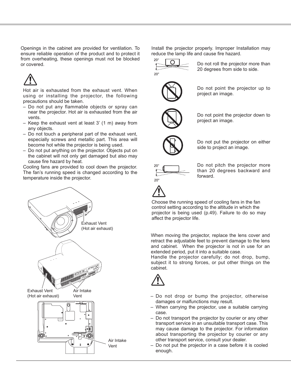 Air circulation, Installing the projector in proper position, Moving the projector | Movin� the projector, Installin� the projector in proper position, Safety instructions | Sanyo PLC-WXE45 User Manual | Page 6 / 71