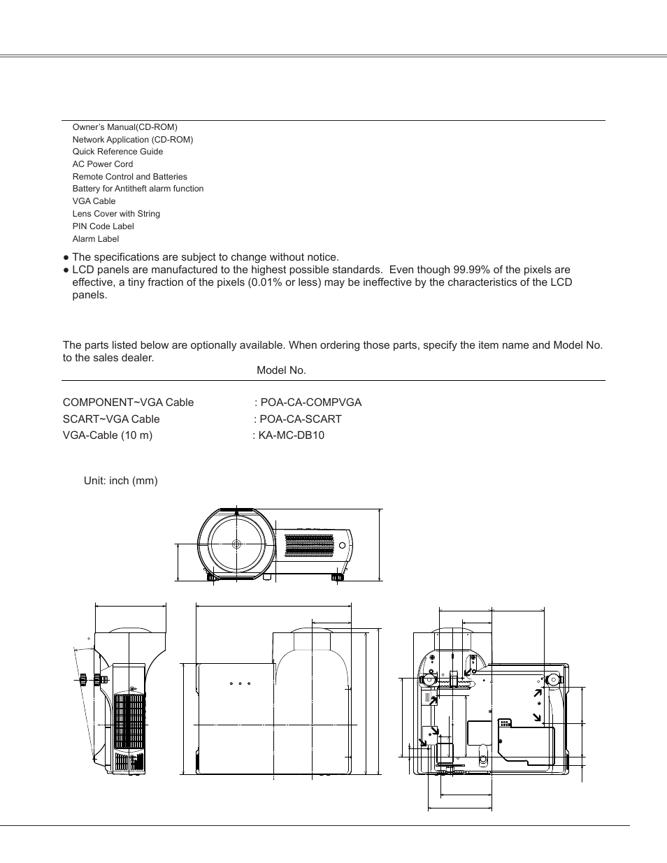 Optional parts, Dimensions, Appendix dimensions | Sanyo PLC-WXE45 User Manual | Page 67 / 71