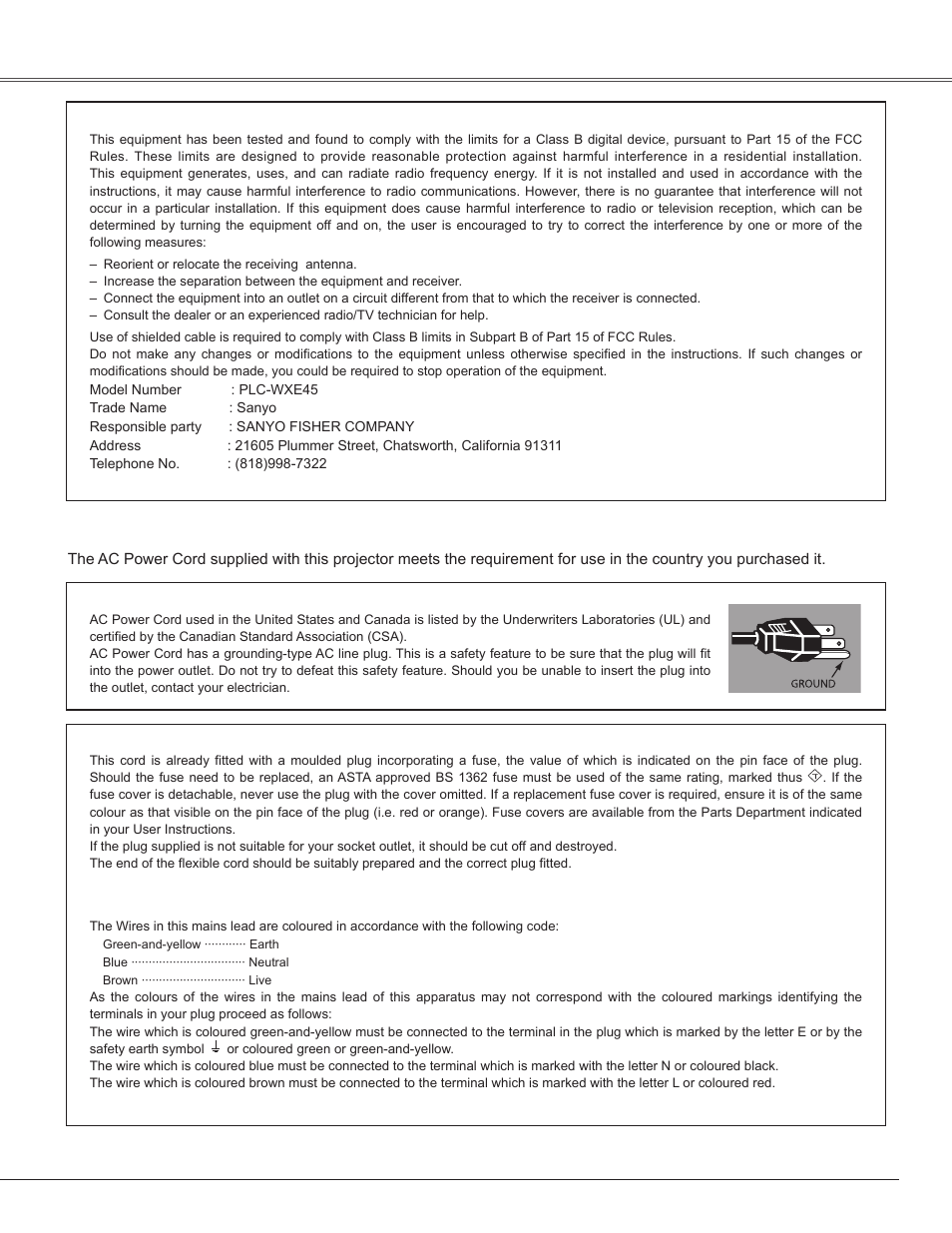 Compliance, 7compliance, Ac power cord requirement | Federal communications commission notice | Sanyo PLC-WXE45 User Manual | Page 7 / 71