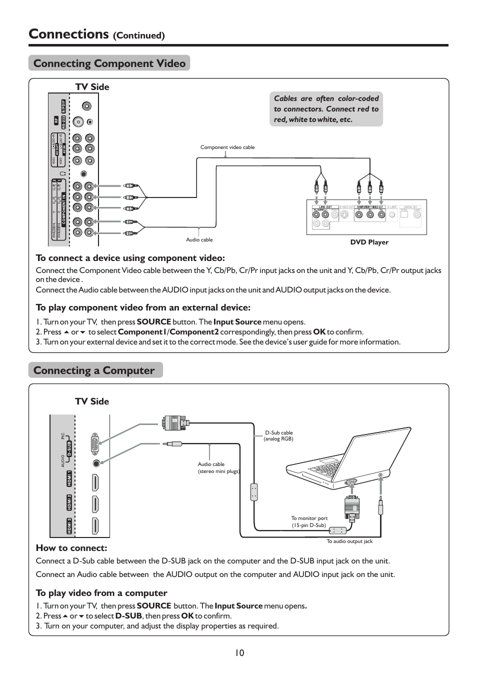 页 13, Connections, Connecting component video | Connecting a computer | Sanyo PDP-42XR9DA User Manual | Page 13 / 39
