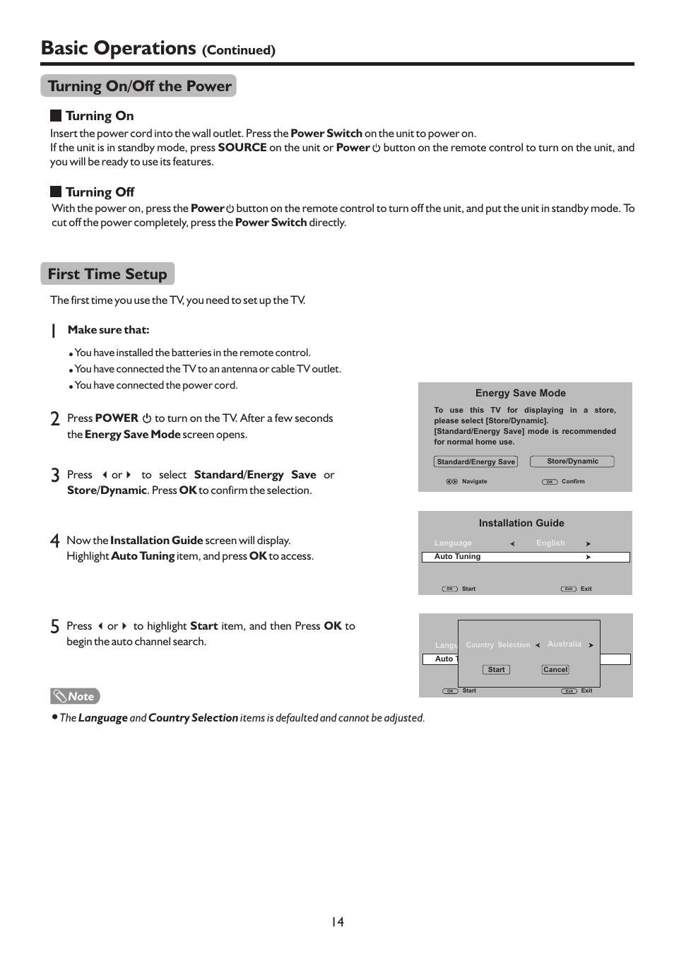 页 17, Basic operations, Turning on/off the power | First time setup, Continued) 14, Turning on, Turning off | Sanyo PDP-42XR9DA User Manual | Page 17 / 39