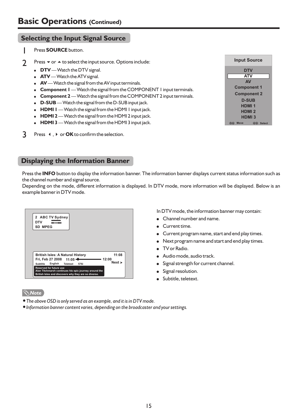 页 18, Basic operations, Displaying the information banner | Selecting the input signal source, Continued) 15 | Sanyo PDP-42XR9DA User Manual | Page 18 / 39