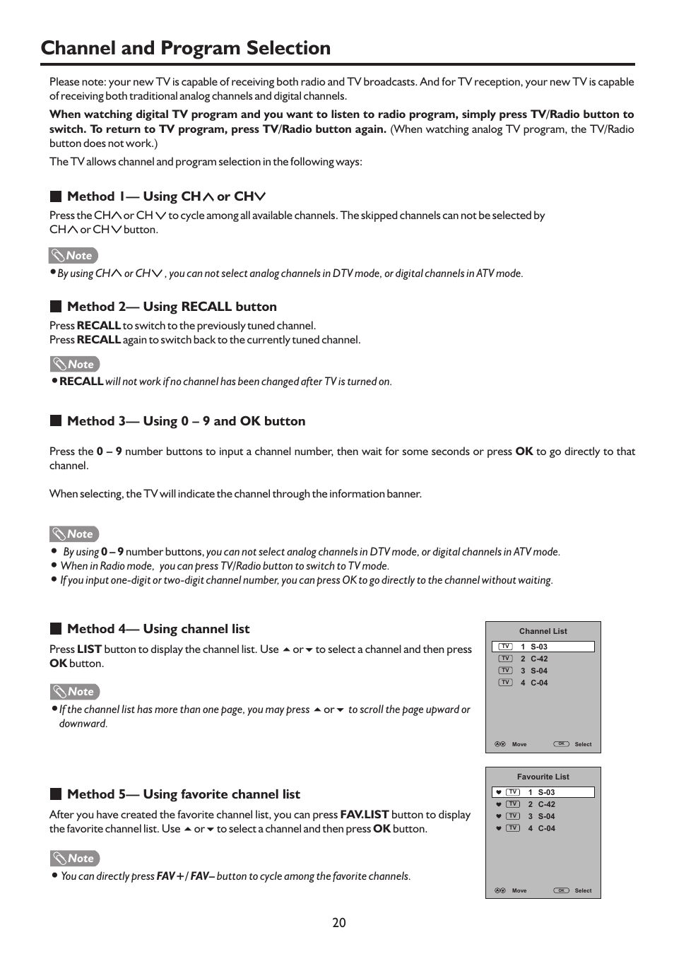 页 23, Channel and program selection, Method 1— using ch | Or ch, Method 2— using recall button, Method 3— using 0 – 9 and ok button, Method 4— using channel list, Method 5— using favorite channel list | Sanyo PDP-42XR9DA User Manual | Page 23 / 39