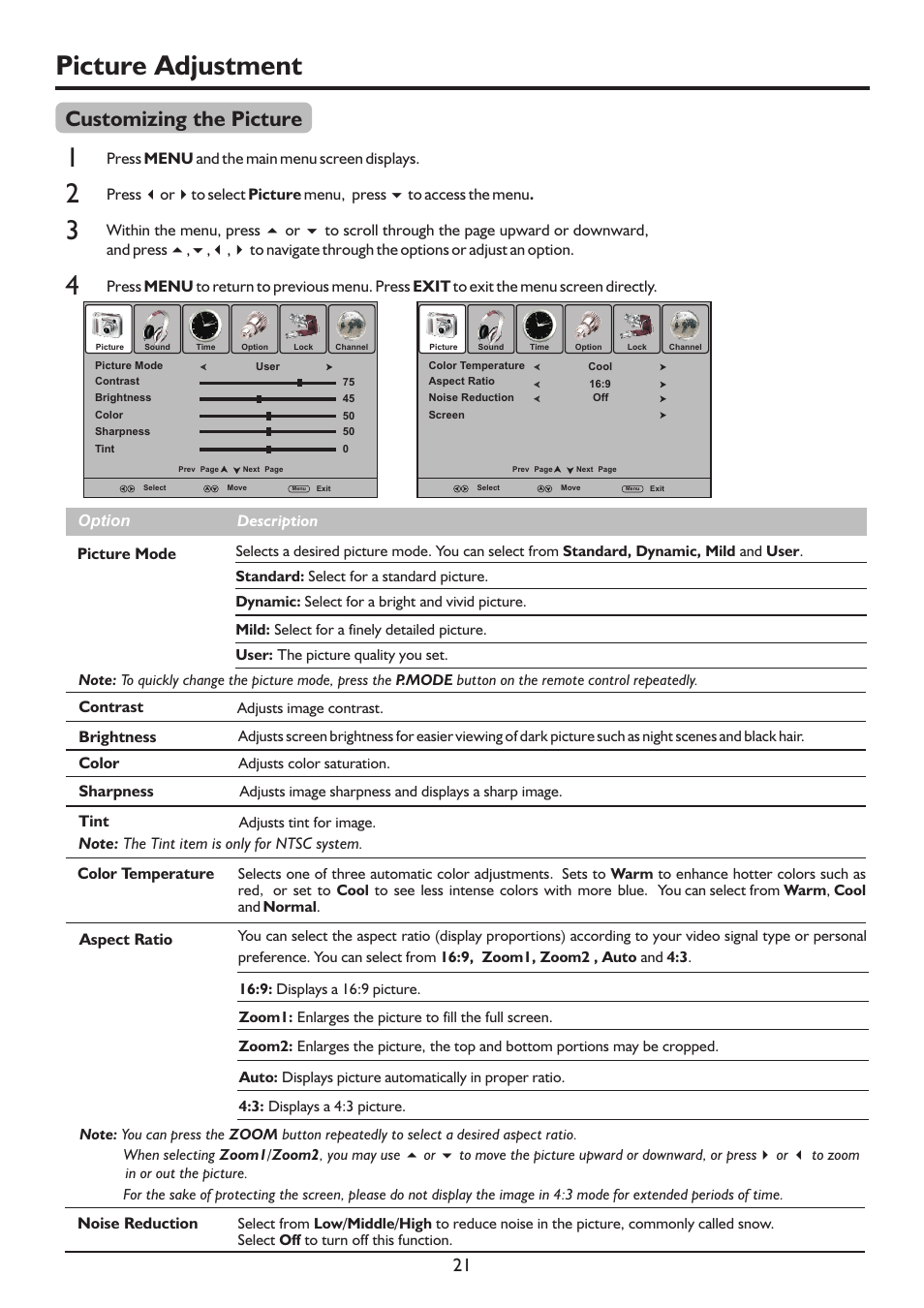 页 24, Picture adjustment, Customizing the picture | Sanyo PDP-42XR9DA User Manual | Page 24 / 39