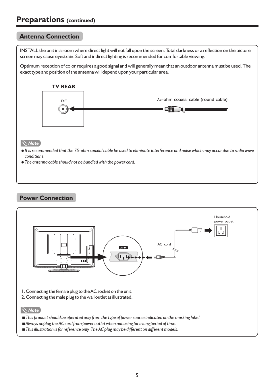 Preparations, Antenna connection, Power connection | Sanyo PDP-42XR9DA User Manual | Page 8 / 39