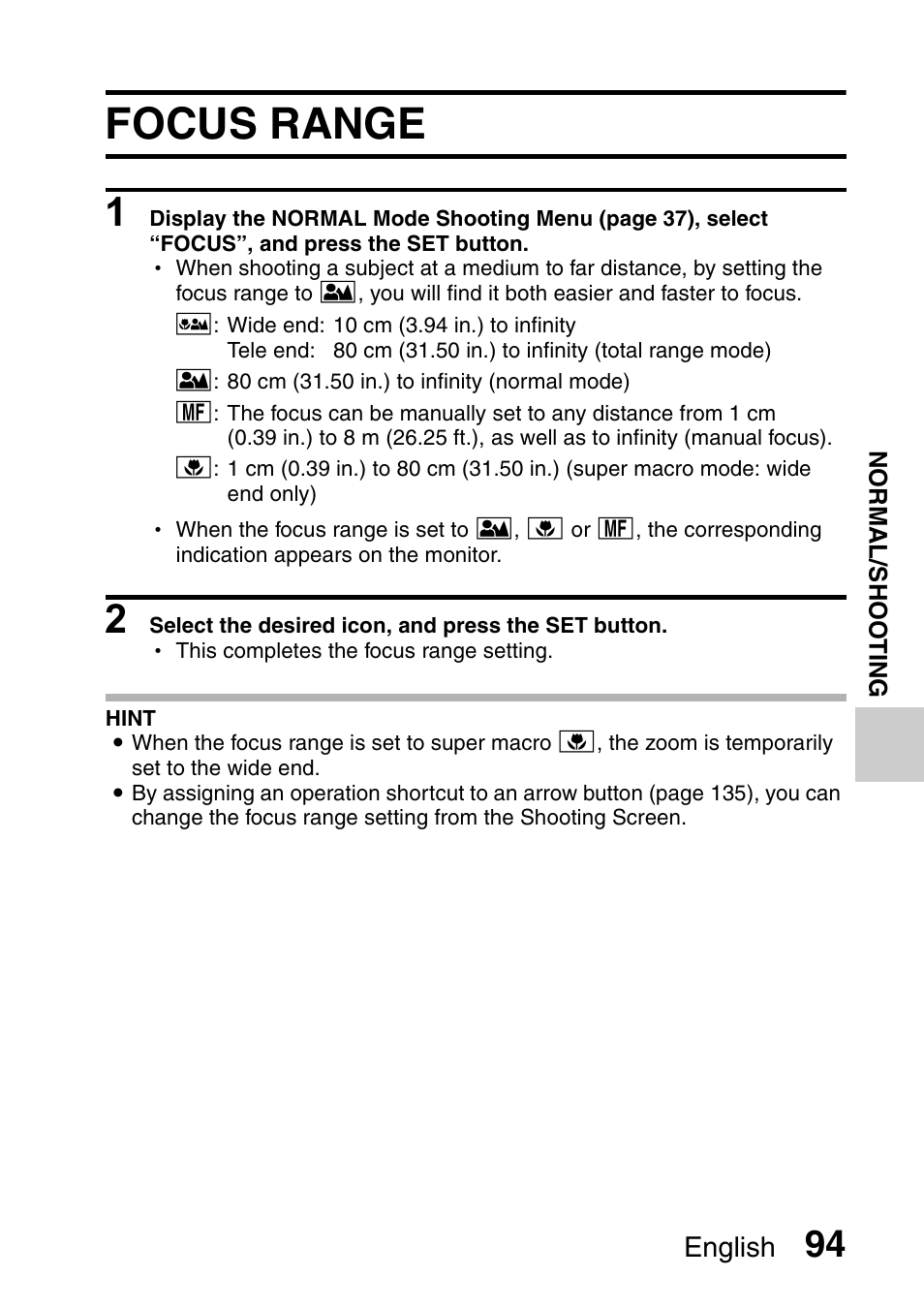 Focus range, English | Sanyo Xacti VPC-E2 User Manual | Page 111 / 215