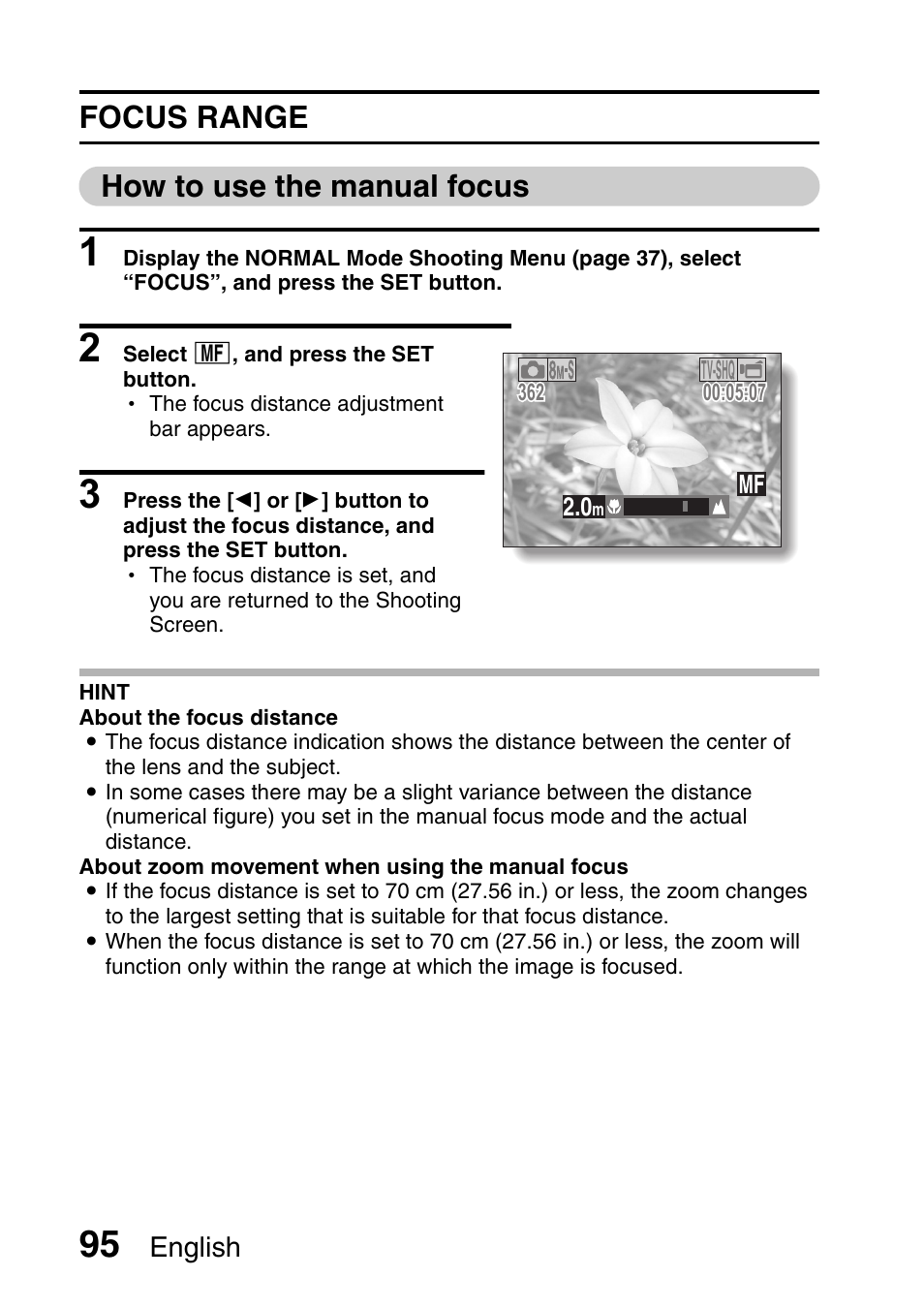 Focus range how to use the manual focus | Sanyo Xacti VPC-E2 User Manual | Page 112 / 215