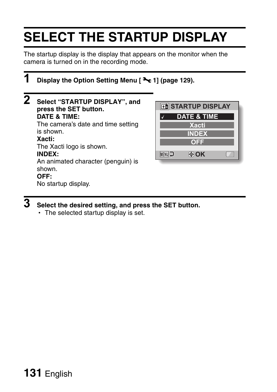 Select the startup display | Sanyo Xacti VPC-E2 User Manual | Page 148 / 215