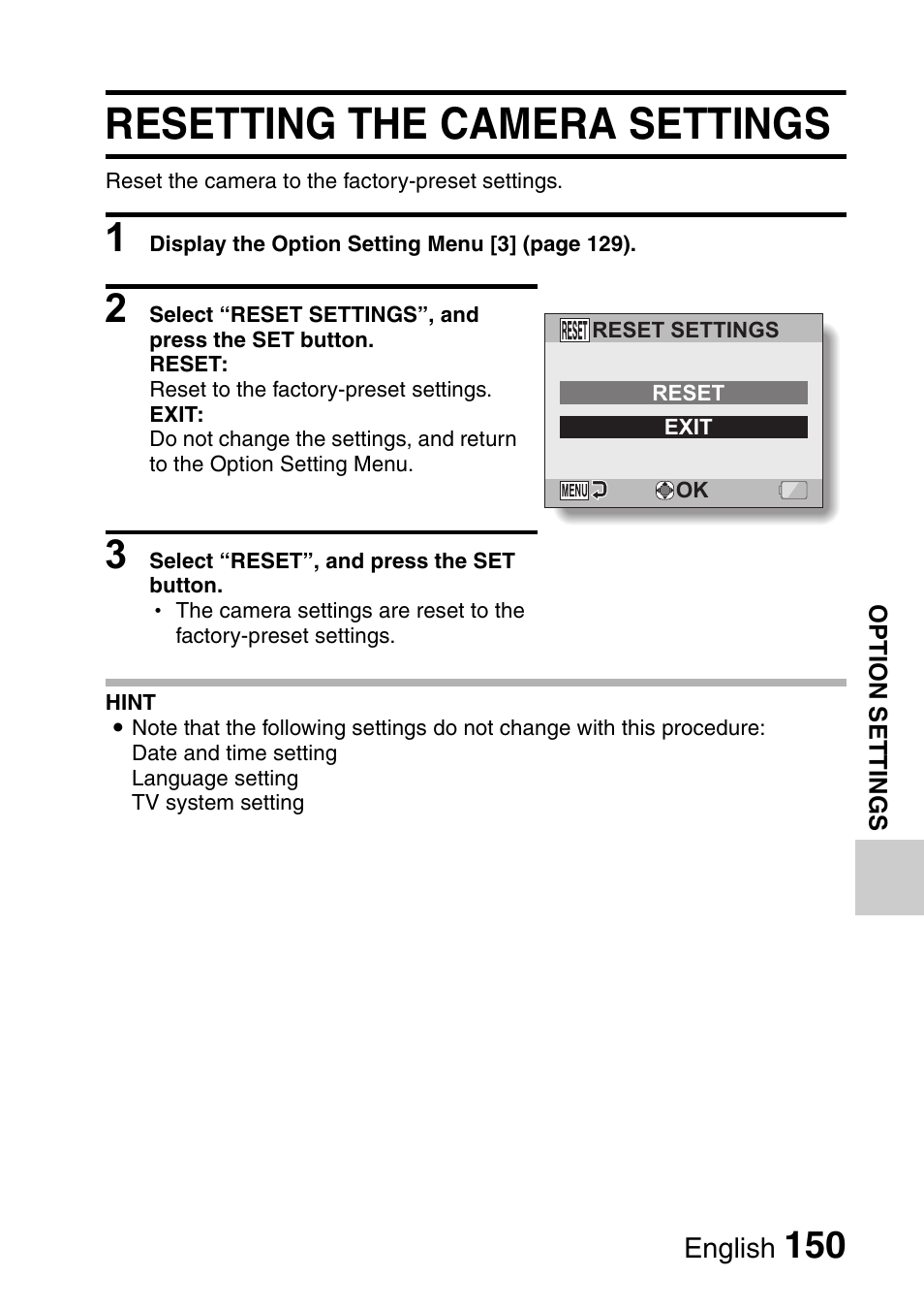 Resetting the camera settings | Sanyo Xacti VPC-E2 User Manual | Page 167 / 215
