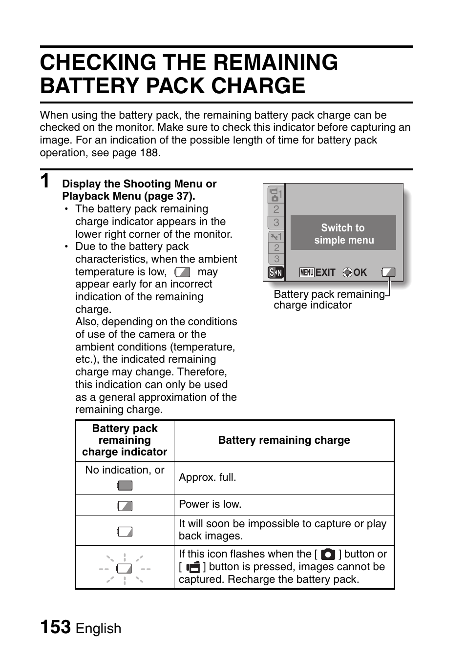 Checking the remaining battery pack charge, English | Sanyo Xacti VPC-E2 User Manual | Page 170 / 215