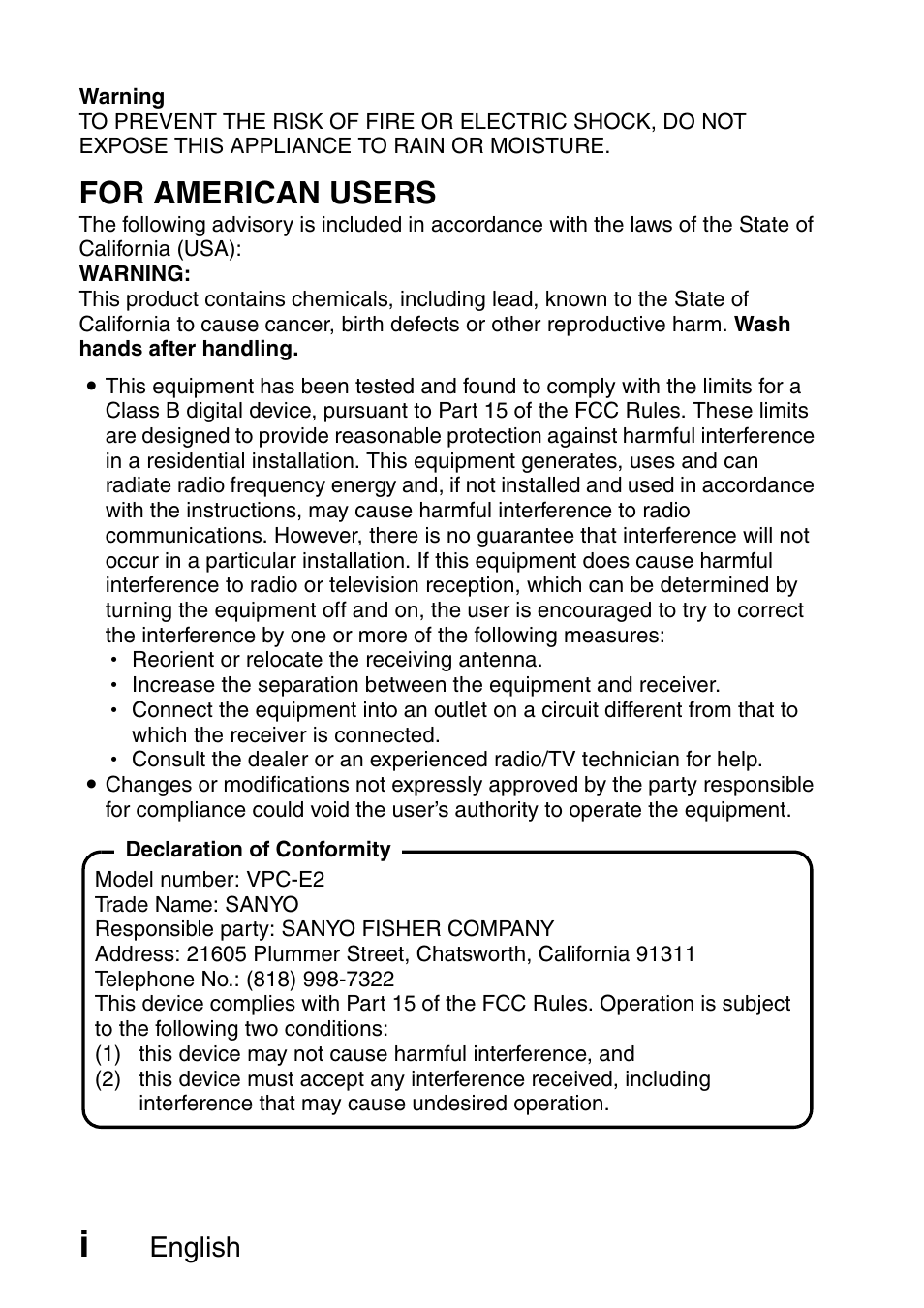 For american users, English | Sanyo Xacti VPC-E2 User Manual | Page 2 / 215