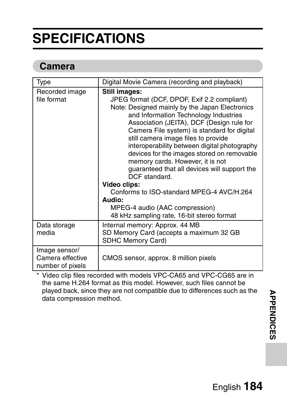 Specifications, Camera, English | Sanyo Xacti VPC-E2 User Manual | Page 201 / 215