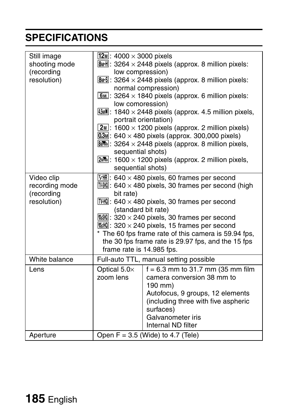 Specifications, English | Sanyo Xacti VPC-E2 User Manual | Page 202 / 215