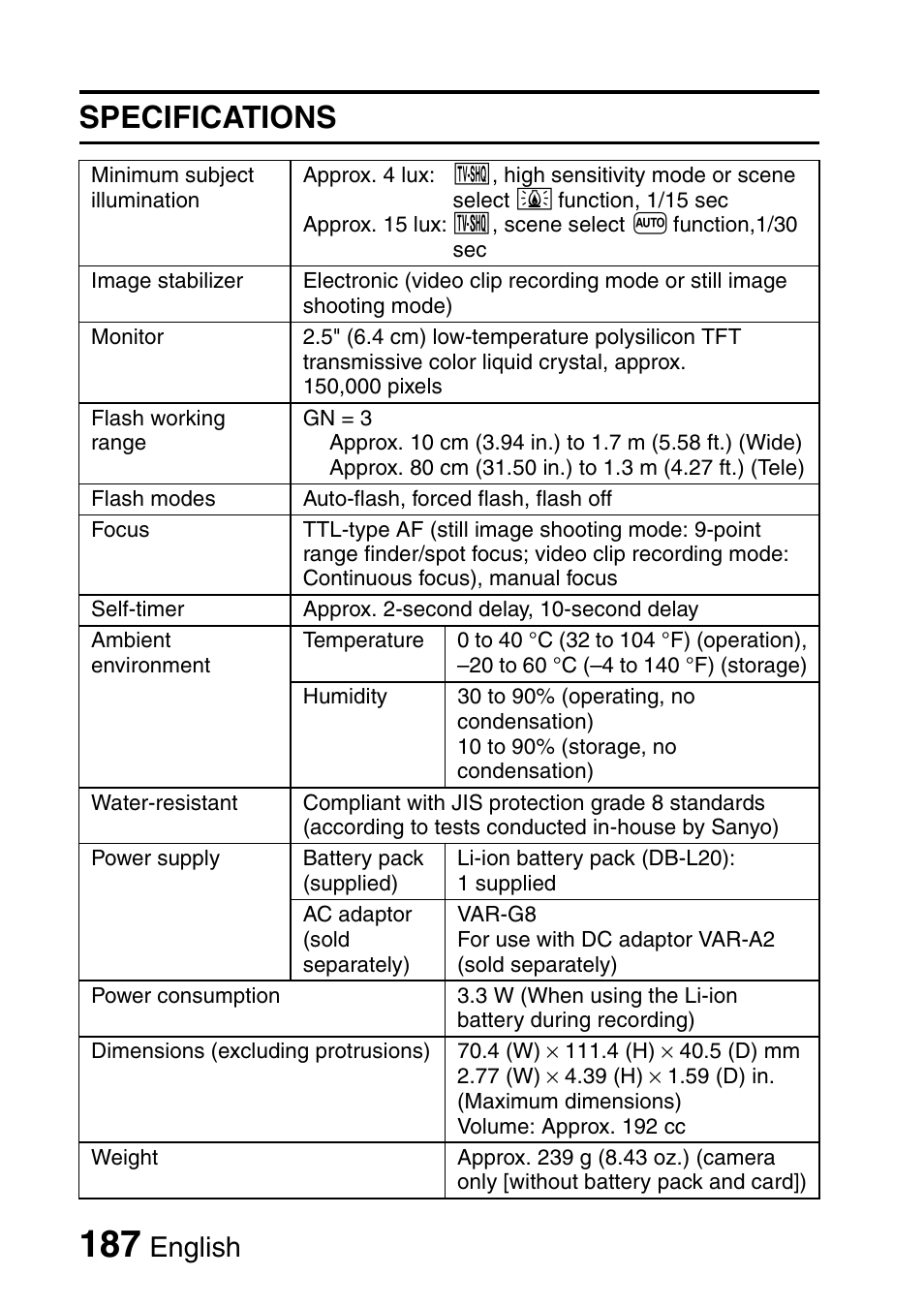 Specifications, English | Sanyo Xacti VPC-E2 User Manual | Page 204 / 215