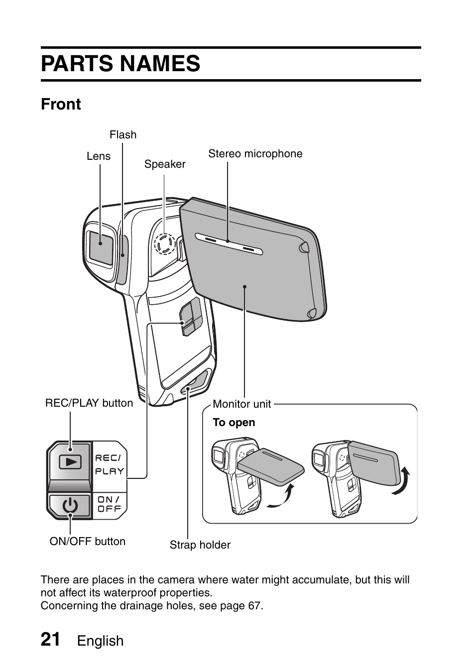 Parts names, Front, English | Sanyo Xacti VPC-E2 User Manual | Page 38 / 215