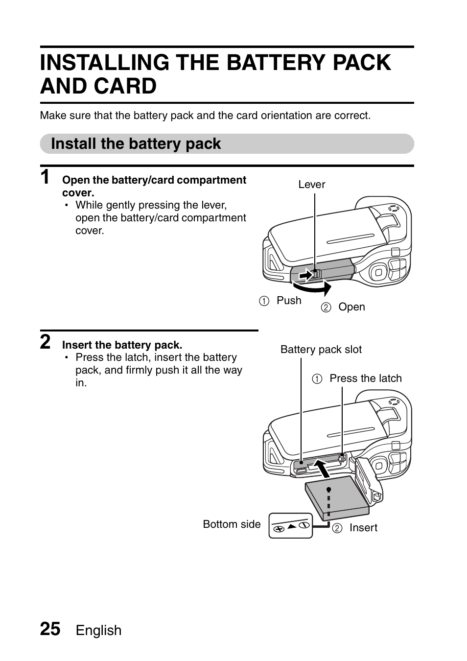 Installing the battery pack and card, Install the battery pack | Sanyo Xacti VPC-E2 User Manual | Page 42 / 215