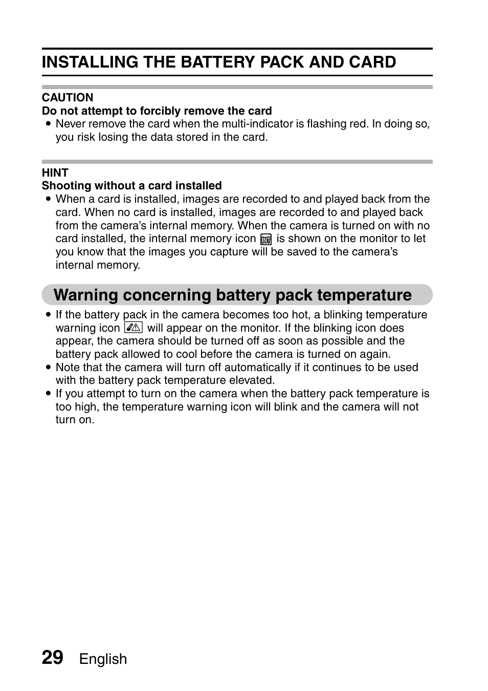 Installing the battery pack and card, Warning concerning battery pack temperature, English | Sanyo Xacti VPC-E2 User Manual | Page 46 / 215