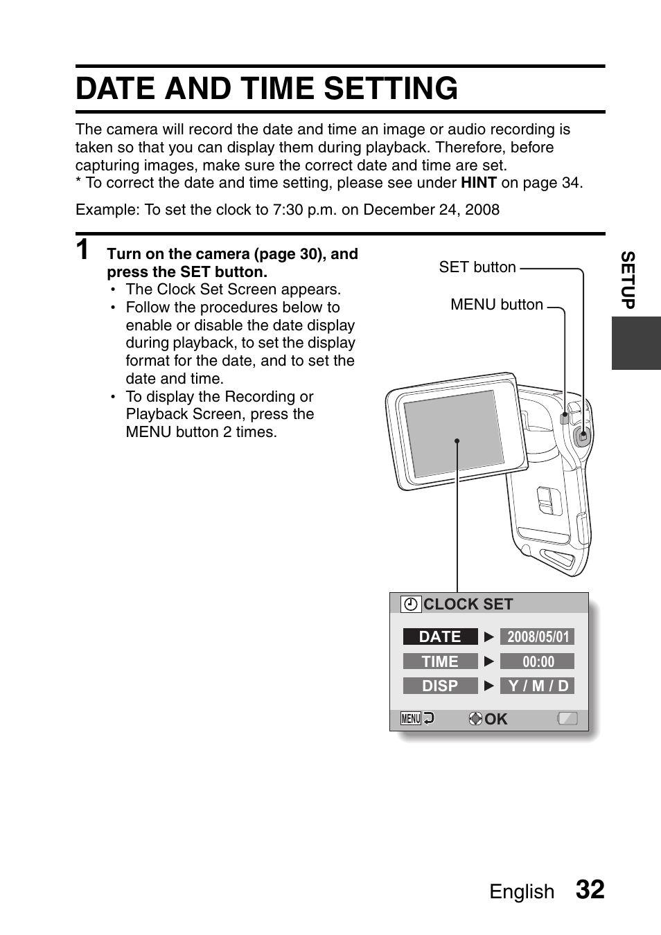Date and time setting, English | Sanyo Xacti VPC-E2 User Manual | Page 49 / 215