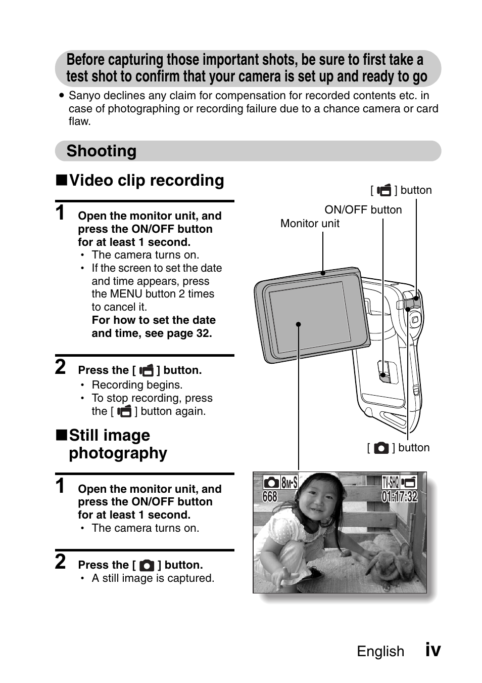 Shooting k video clip recording, K still image photography | Sanyo Xacti VPC-E2 User Manual | Page 5 / 215