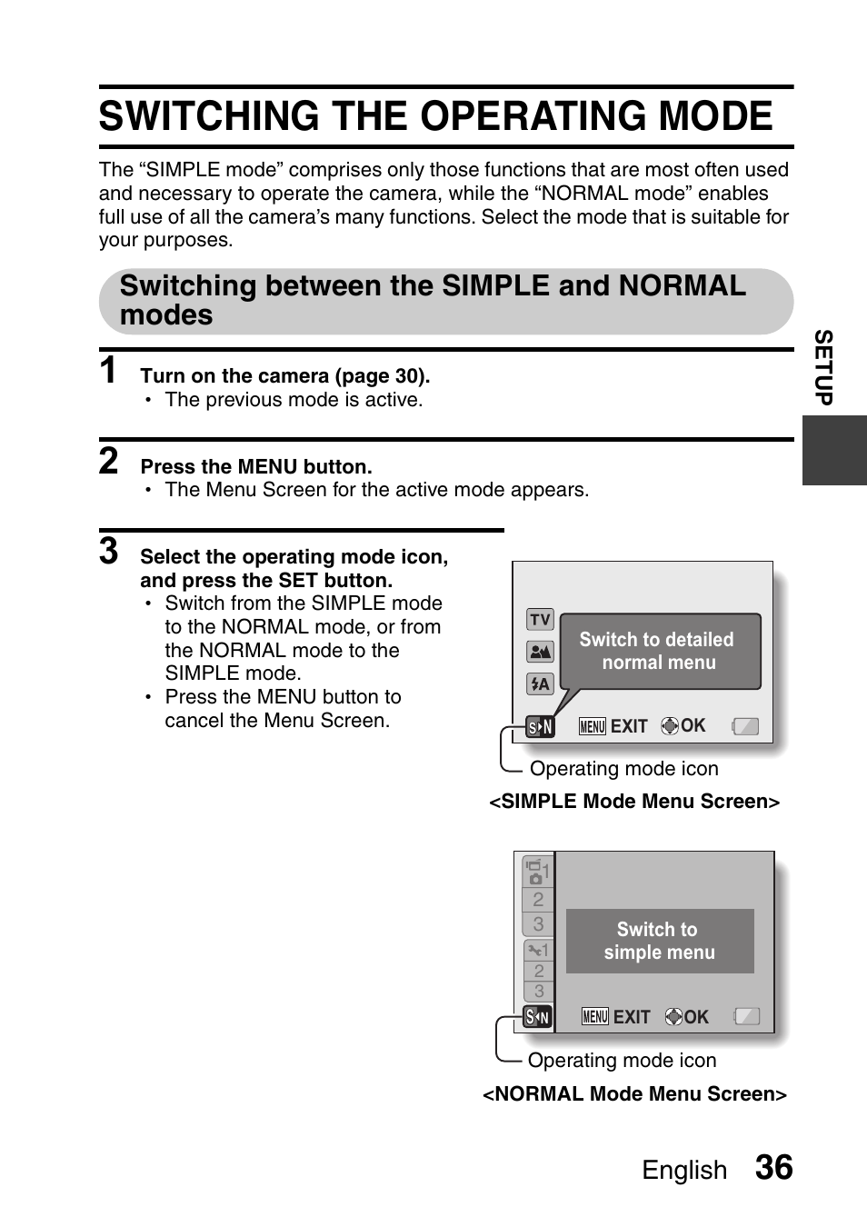Switching the operating mode, Switching between the simple and normal modes, English | Sanyo Xacti VPC-E2 User Manual | Page 53 / 215