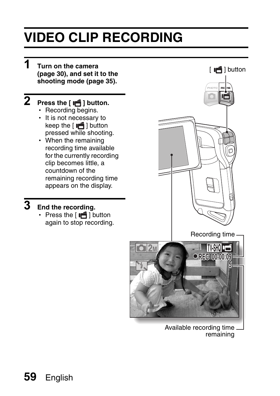 Video clip recording | Sanyo Xacti VPC-E2 User Manual | Page 76 / 215