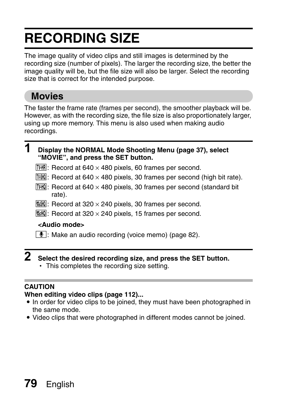 Recording size, Movies, English | Sanyo Xacti VPC-E2 User Manual | Page 96 / 215