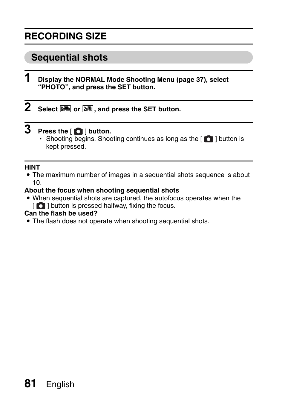 Recording size sequential shots | Sanyo Xacti VPC-E2 User Manual | Page 98 / 215