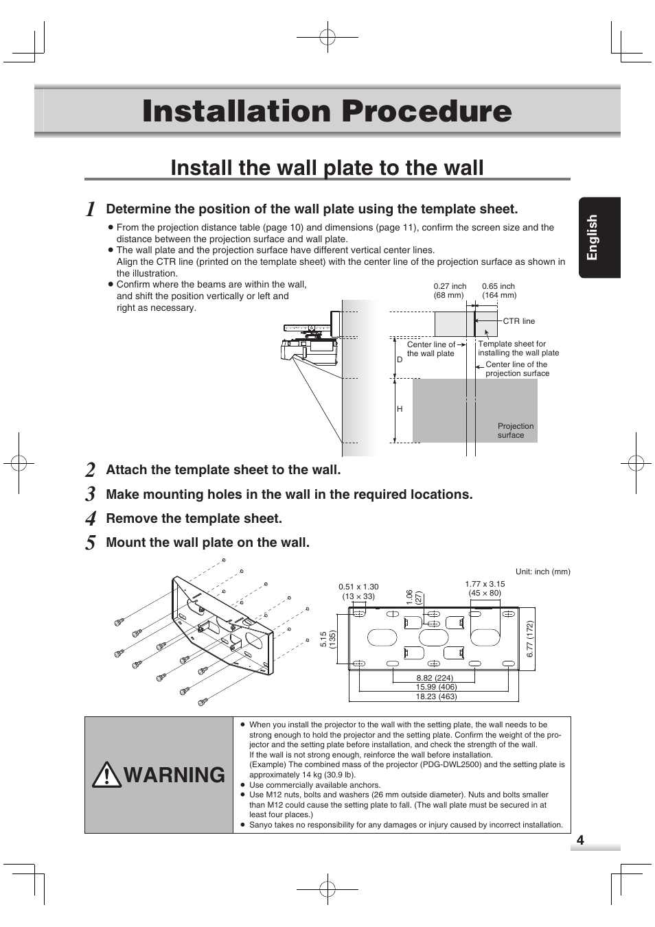 Installation procedure, Install the wall plate to the wall 1, Warning | 4english, Attach the template sheet to the wall, Remove the template sheet, Mount the wall plate on the wall | Sanyo POA-CH-EX06 User Manual | Page 5 / 12