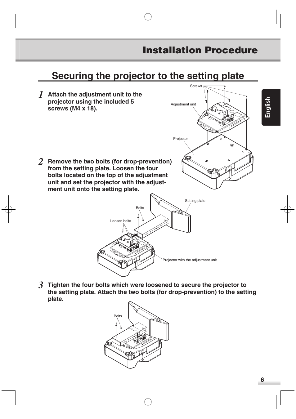 Securing the projector to the setting plate 1, Installation procedure | Sanyo POA-CH-EX06 User Manual | Page 7 / 12