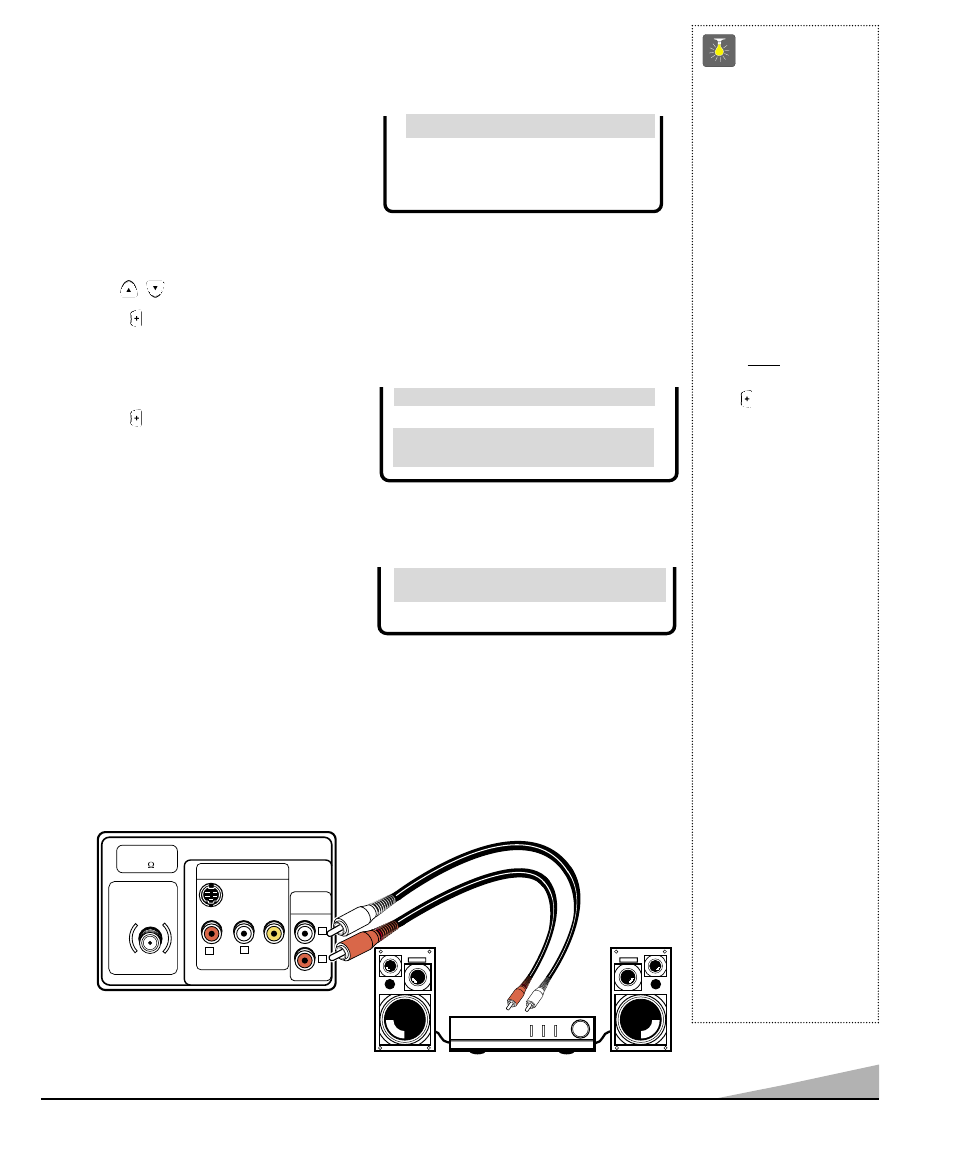 Using the audio output jacks, Quicktips, Selecting the display language | Adding or deleting channels, Connecting a stereo amplifier to audio out jacks, Connect the tv audio output (r/l) | Sanyo DS31590 User Manual | Page 11 / 68
