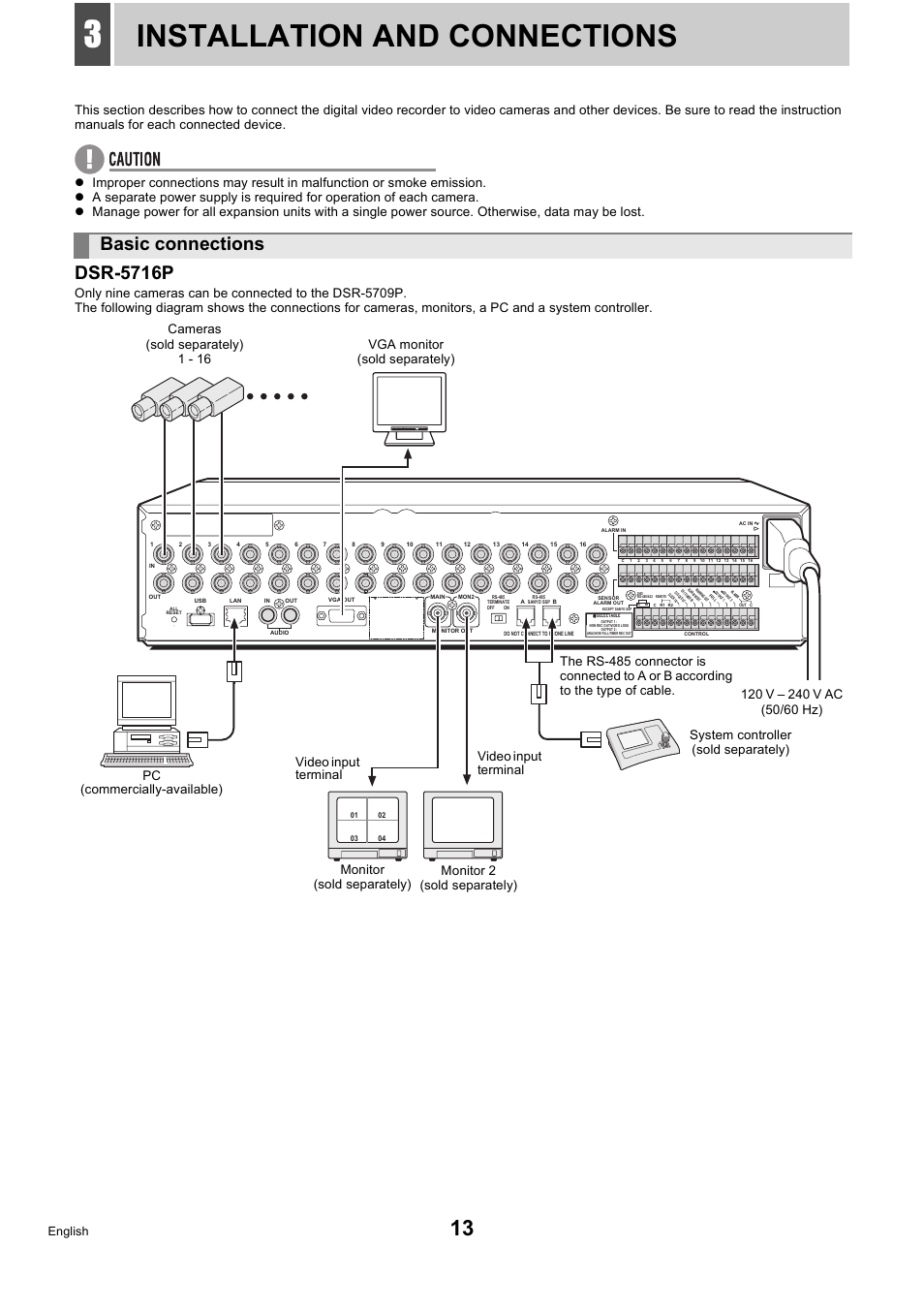 Installation and connections, Dsr-5716p, Basic connections | Power mode auto menu, English | Sanyo DSR-5716P User Manual | Page 14 / 236