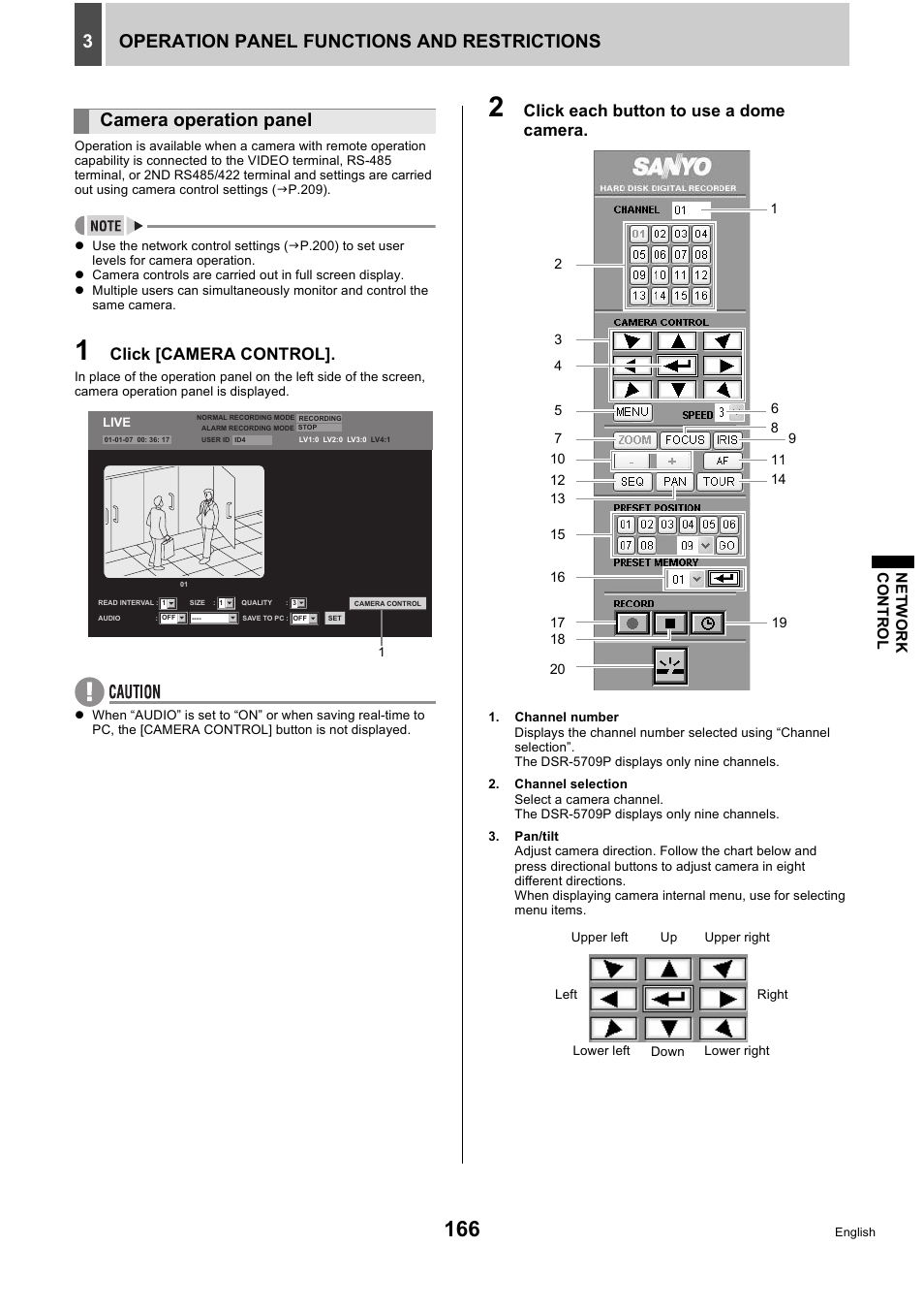 Operation panel functions and restrictions 3, Camera operation panel, Click [camera control | Click each button to use a dome camera | Sanyo DSR-5716P User Manual | Page 167 / 236