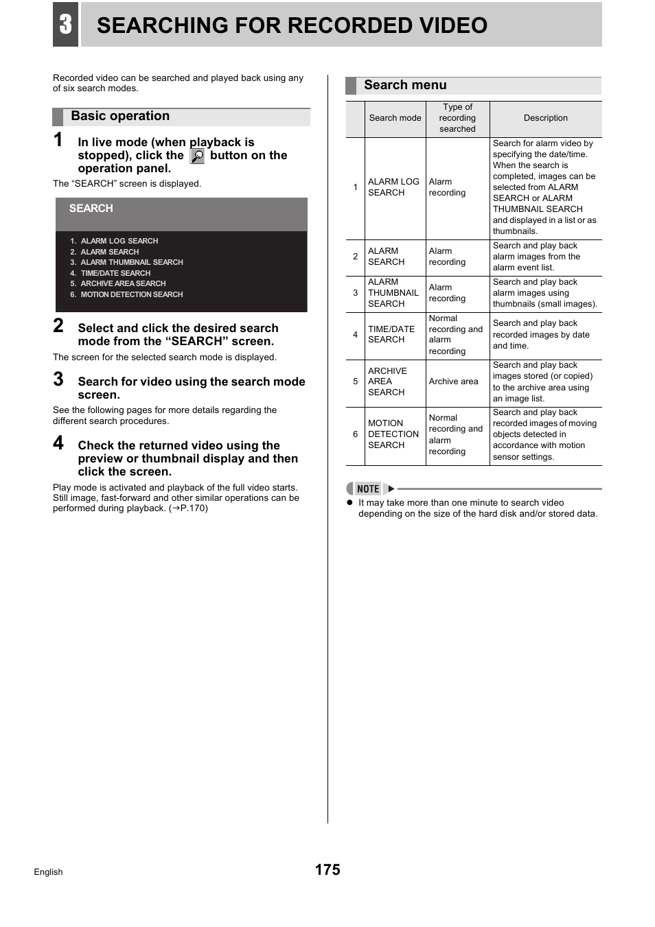 Searching for recorded video, Basic operation, Search menu | Sanyo DSR-5716P User Manual | Page 176 / 236
