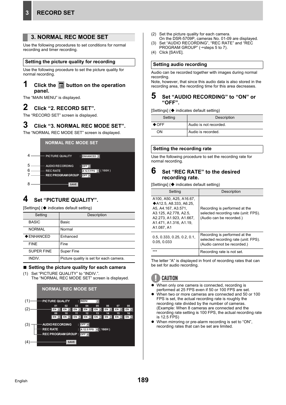 Record set 3, Normal rec mode set, Click the button on the operation panel | Click “2. record set, Click “3. normal rec mode set, Set “picture quality, Set “audio recording” to “on” or “off, Set “rec rate” to the desired recording rate | Sanyo DSR-5716P User Manual | Page 190 / 236