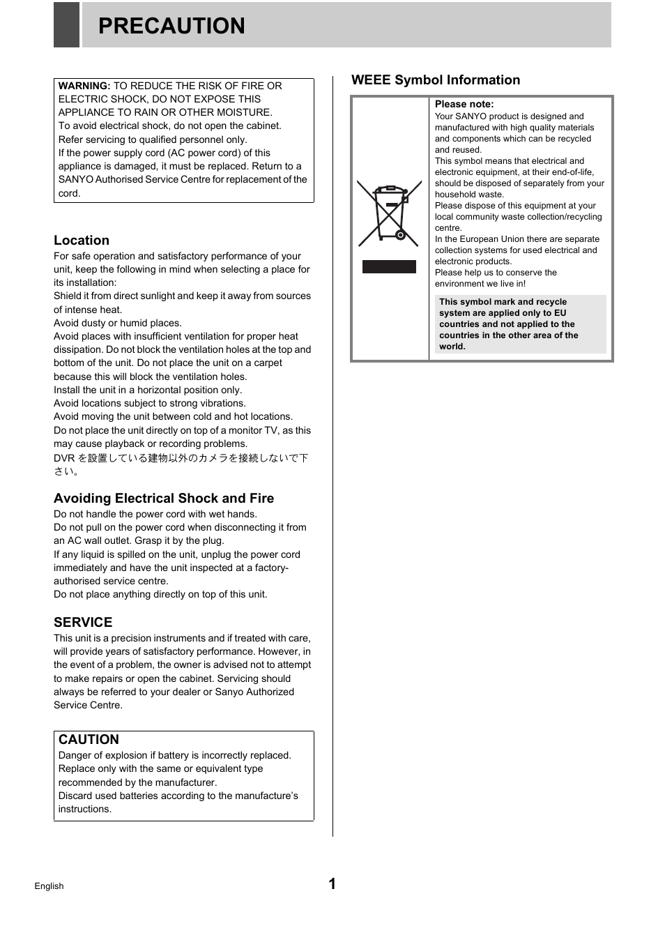 Precaution | Sanyo DSR-5716P User Manual | Page 2 / 236
