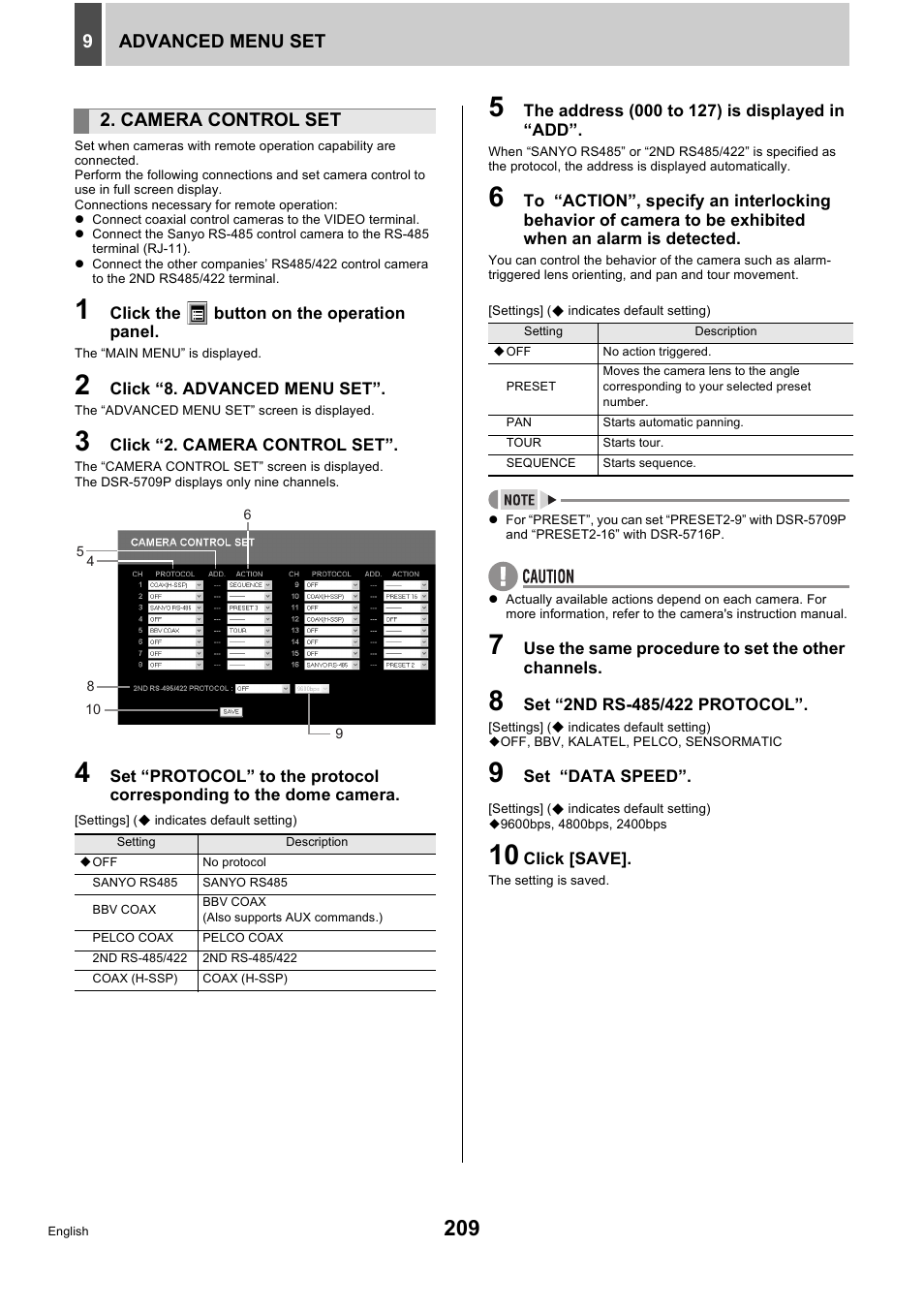 Advanced menu set 9, Camera control set | Sanyo DSR-5716P User Manual | Page 210 / 236