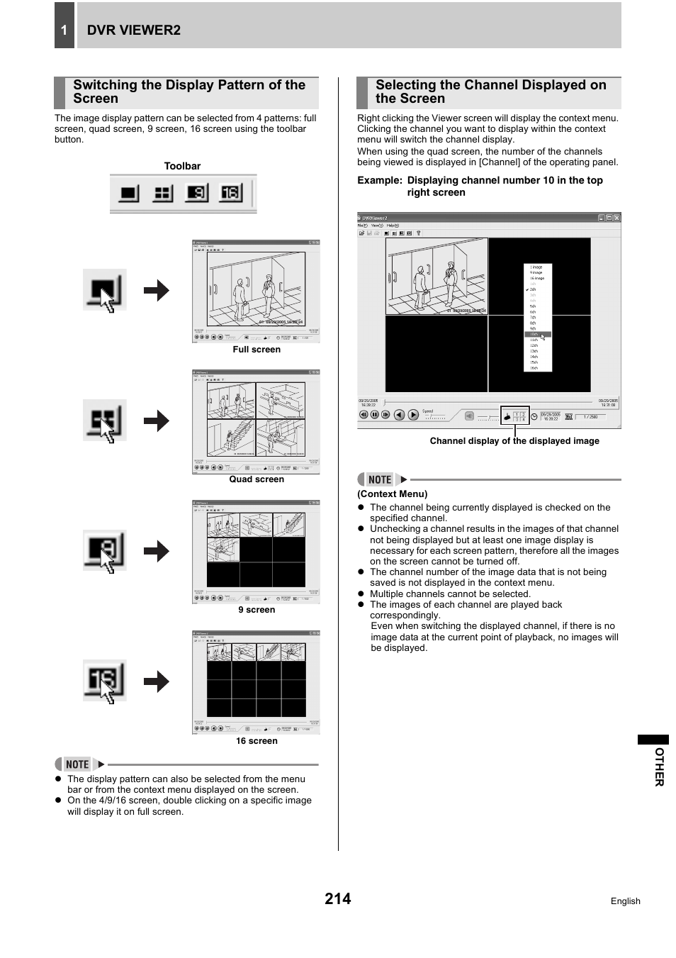 Dvr viewer2 1, Switching the display pattern of the screen, Selecting the channel displayed on the screen | Sanyo DSR-5716P User Manual | Page 215 / 236