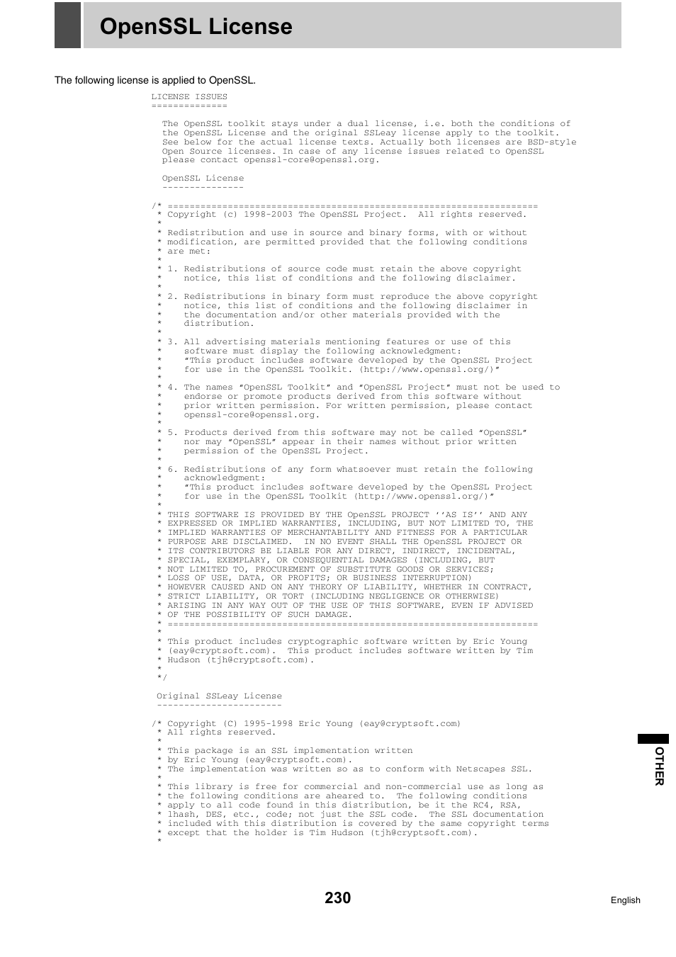 Openssl license | Sanyo DSR-5716P User Manual | Page 231 / 236