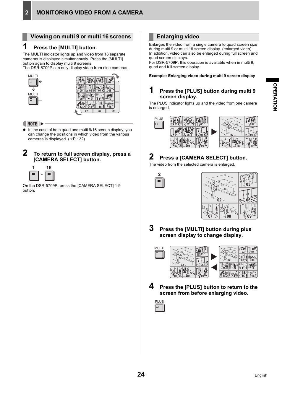 Monitoring video from a camera 2, Viewing on multi 9 or multi 16 screens, Enlarging video | Press the [multi] button, Press a [camera select] button | Sanyo DSR-5716P User Manual | Page 25 / 236