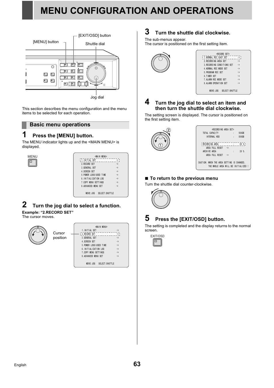 Menu configuration and operations, Basic menu operations, Press the [menu] button | Turn the jog dial to select a function, Turn the shuttle dial clockwise, Press the [exit/osd] button | Sanyo DSR-5716P User Manual | Page 64 / 236