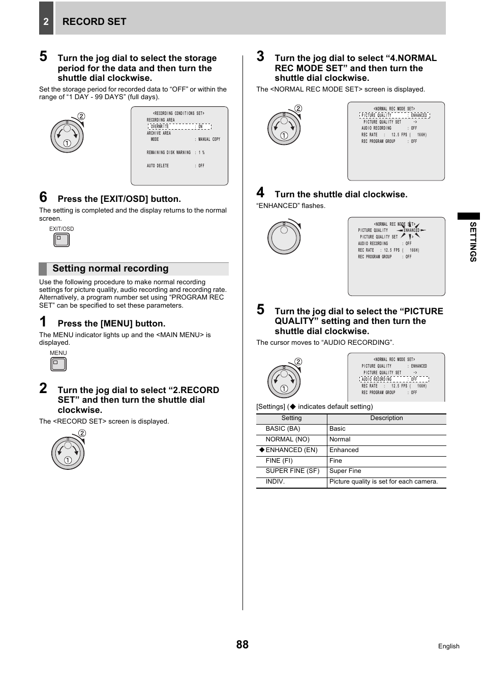Record set 2, Setting normal recording | Sanyo DSR-5716P User Manual | Page 89 / 236
