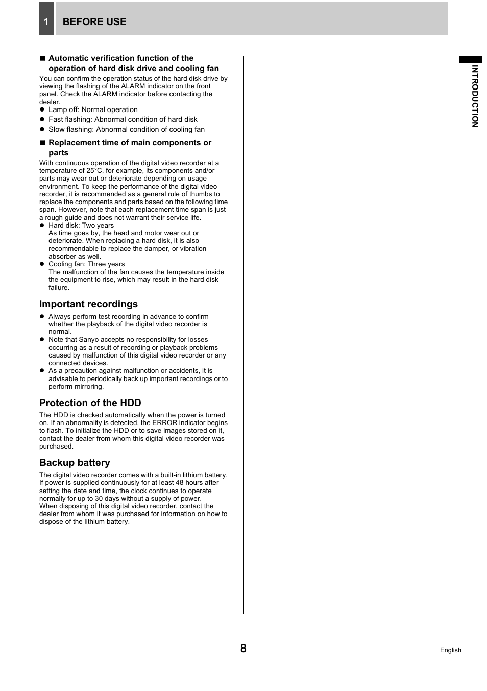 Before use 1, Important recordings, Protection of the hdd | Backup battery | Sanyo DSR-5716P User Manual | Page 9 / 236