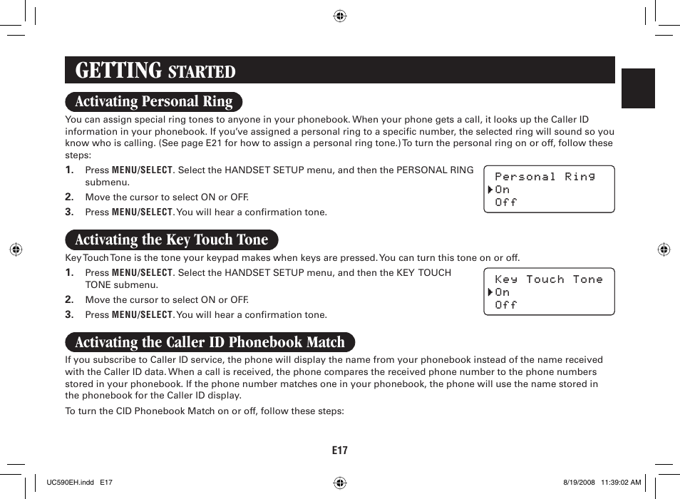 Getting, Started, Activating personal ring | Activating the key touch tone, Activating the caller id phonebook match | Sanyo CAS-D6325 User Manual | Page 19 / 61