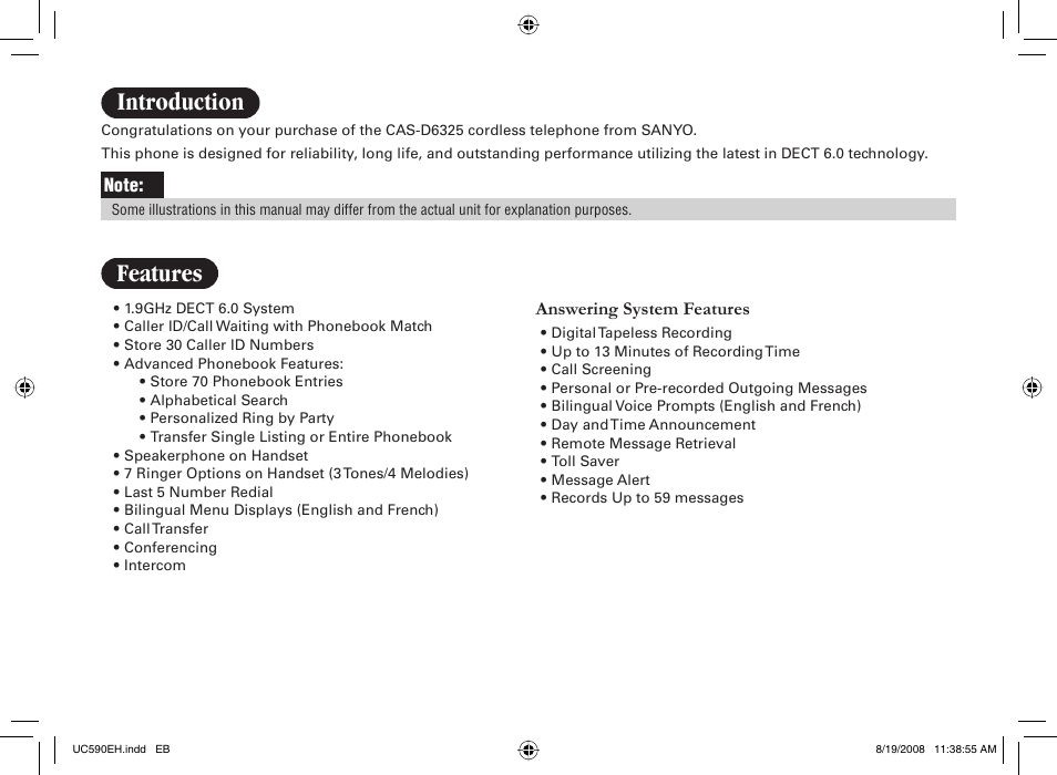 Introduction, Features | Sanyo CAS-D6325 User Manual | Page 2 / 61