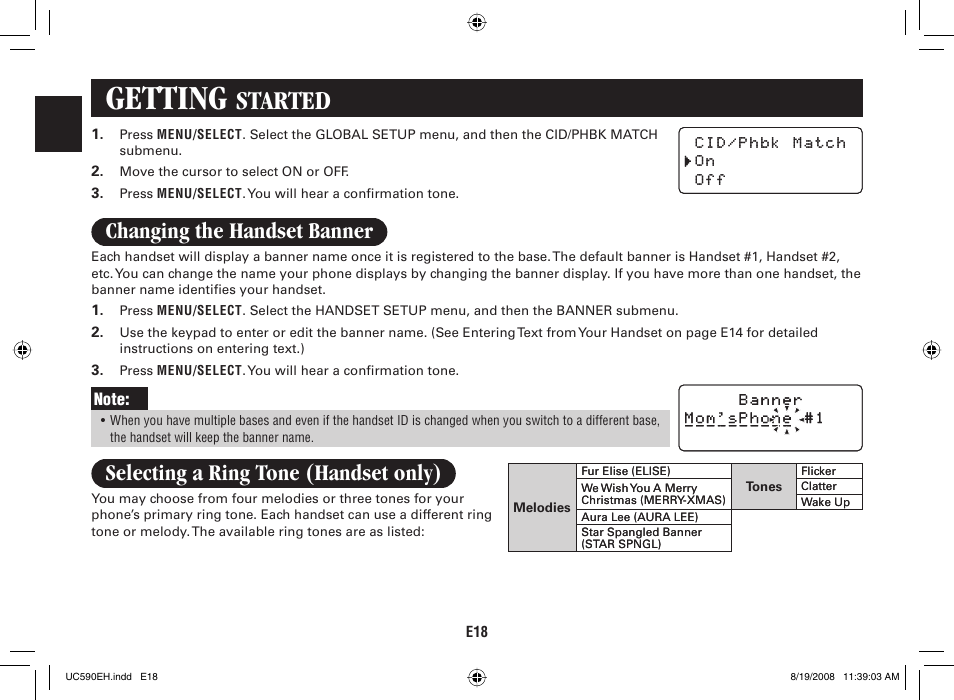 Getting, Started, Changing the handset banner | Selecting a ring tone (handset only) | Sanyo CAS-D6325 User Manual | Page 20 / 61