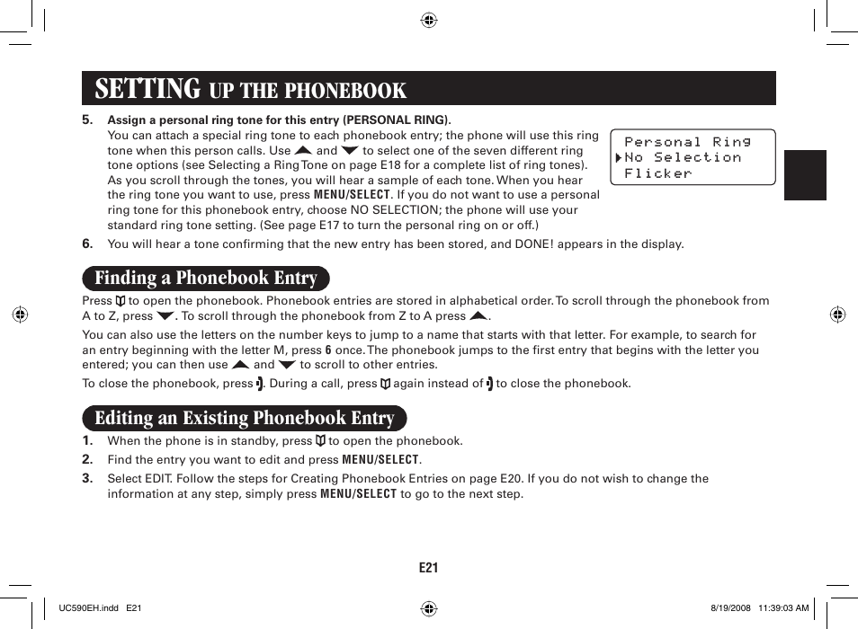 Setting, Up the phonebook, Finding a phonebook entry | Editing an existing phonebook entry | Sanyo CAS-D6325 User Manual | Page 23 / 61