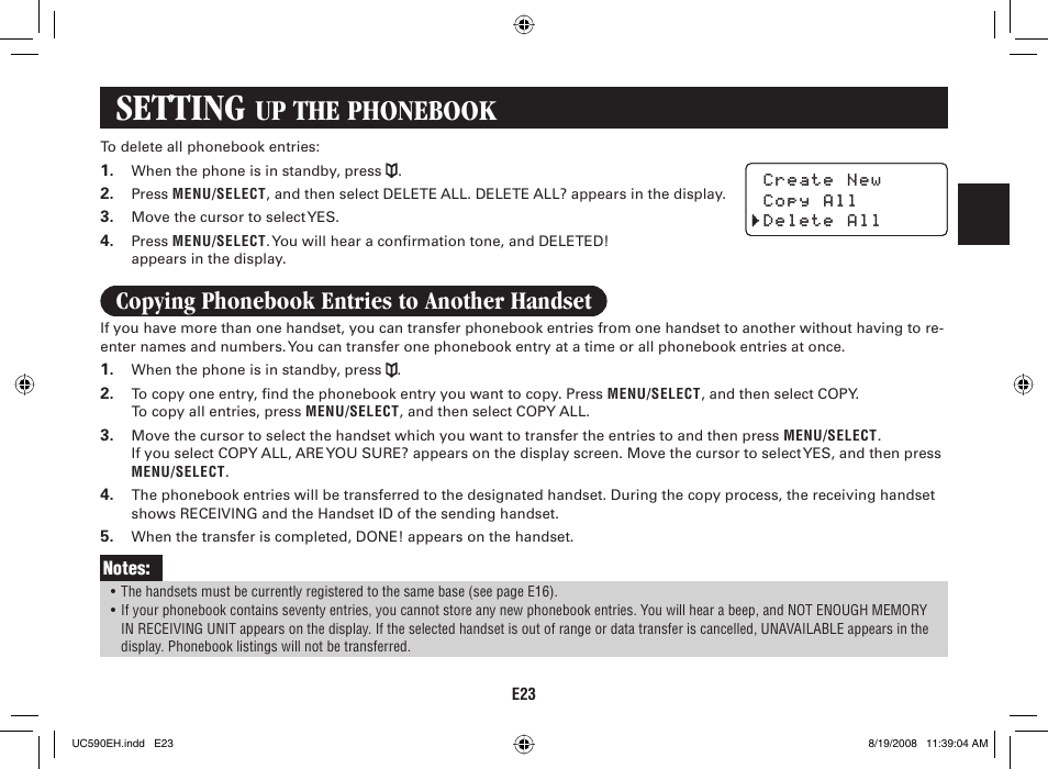 Setting, Up the phonebook, Copying phonebook entries to another handset | Sanyo CAS-D6325 User Manual | Page 25 / 61